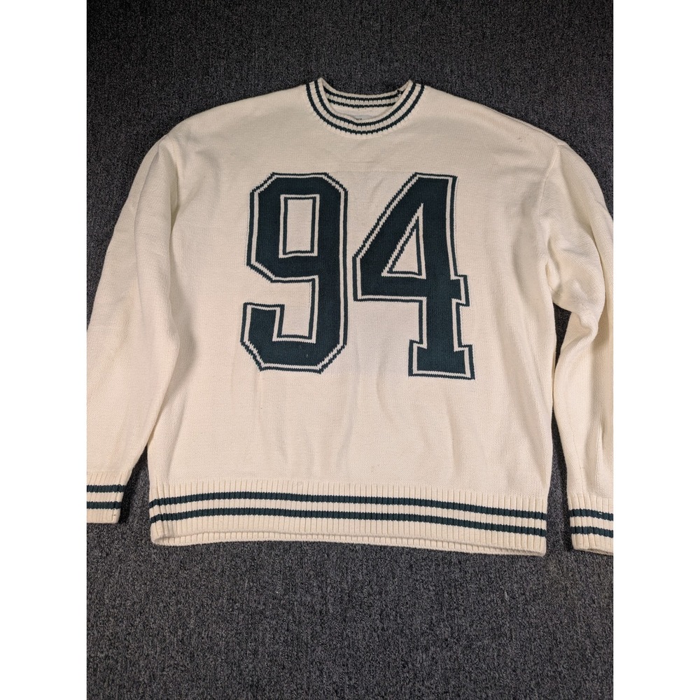 Hollister 94 Varsity Graphic Boxy Fit Sweater Cream Green Mens Medium Womens L